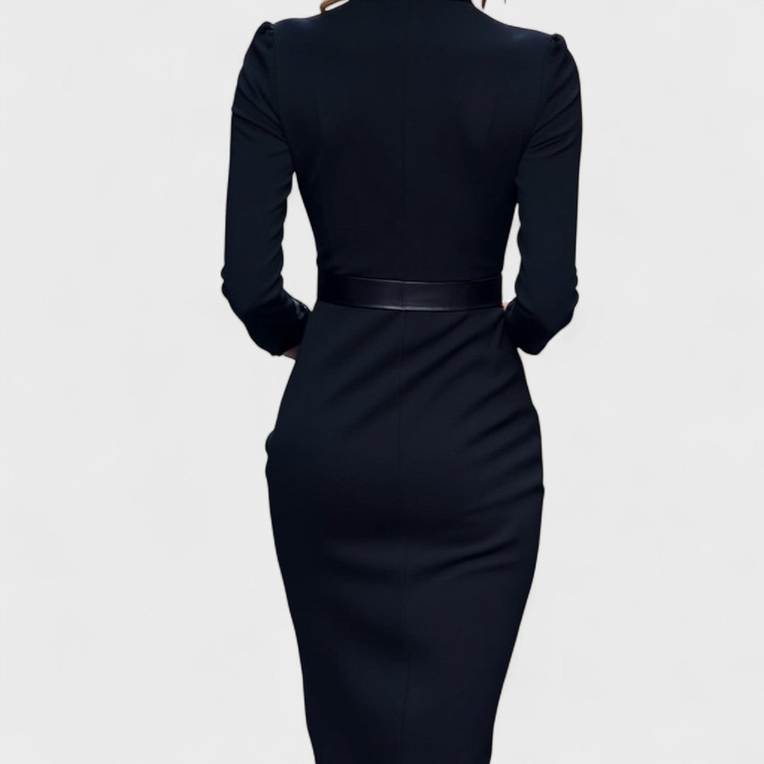Grace – Elegant black dress with belt and mandarin collar
