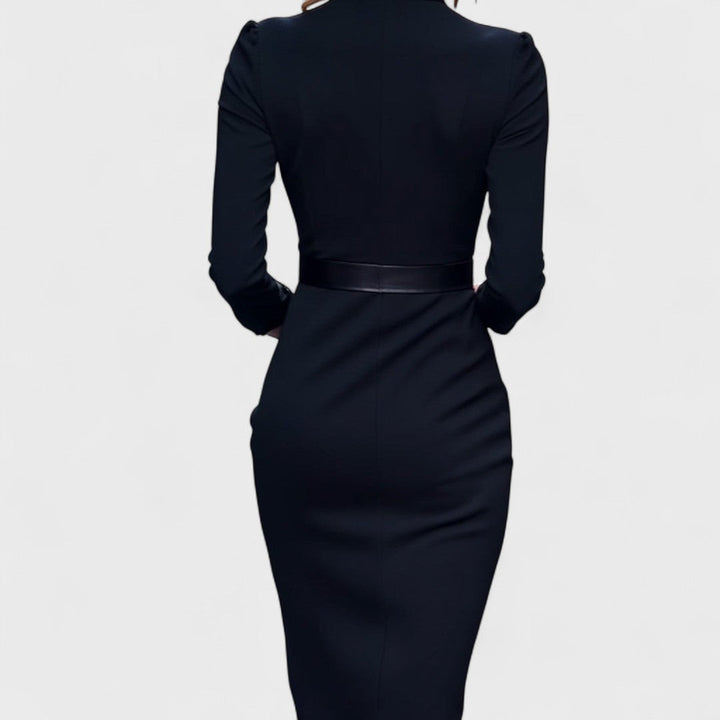 Grace – Elegant black dress with belt and mandarin collar