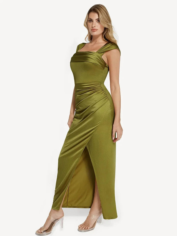 Grace – Shapewear off shoulder shine ruched sculpting maxi dress