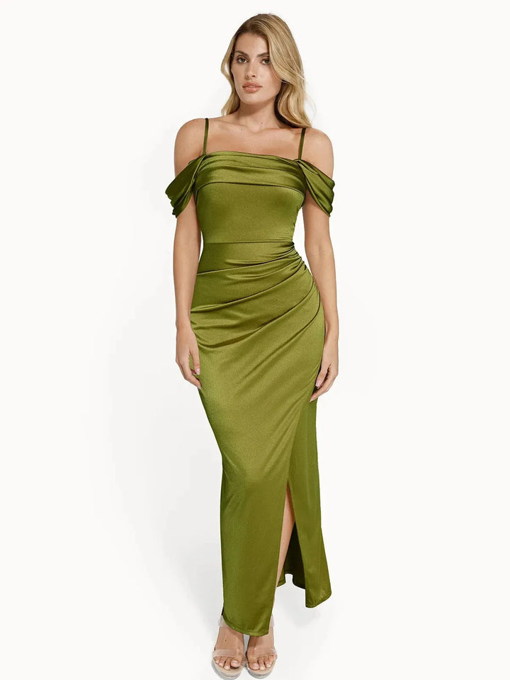 Grace – Shapewear off shoulder shine ruched sculpting maxi dress