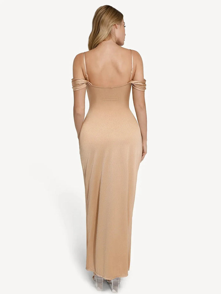 Grace – Shapewear off shoulder shine ruched sculpting maxi dress