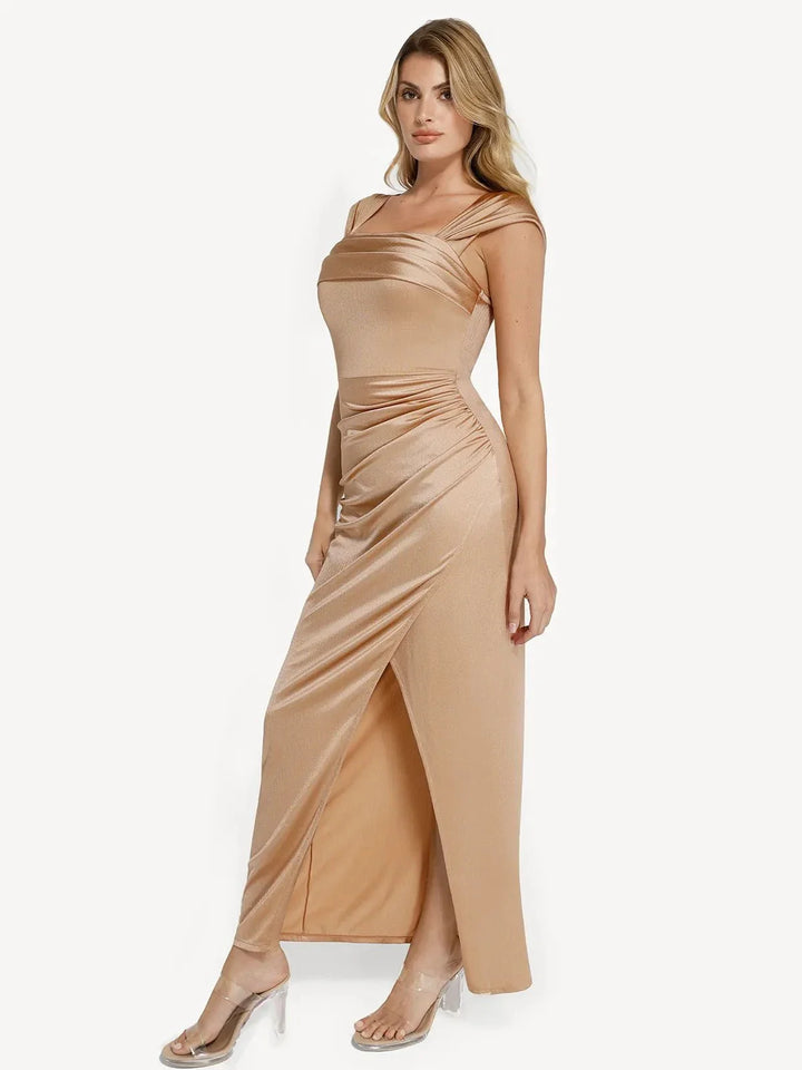Grace – Shapewear off shoulder shine ruched sculpting maxi dress