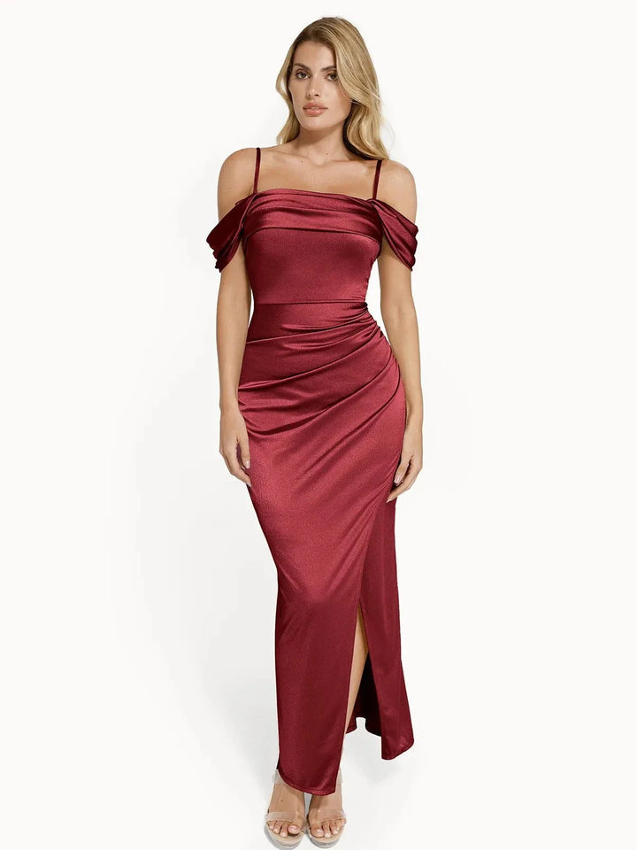 Grace – Shapewear off shoulder shine ruched sculpting maxi dress