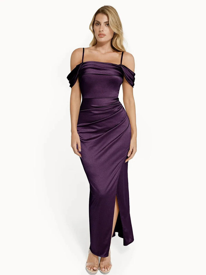 Grace – Shapewear off shoulder shine ruched sculpting maxi dress
