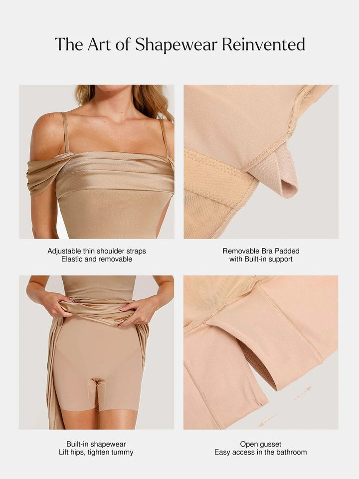 Grace – Shapewear off shoulder shine ruched sculpting maxi dress