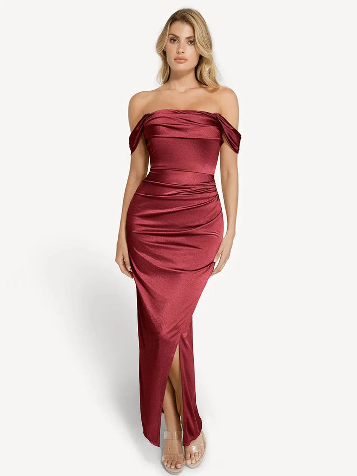 Grace – Shapewear off shoulder shine ruched sculpting maxi dress