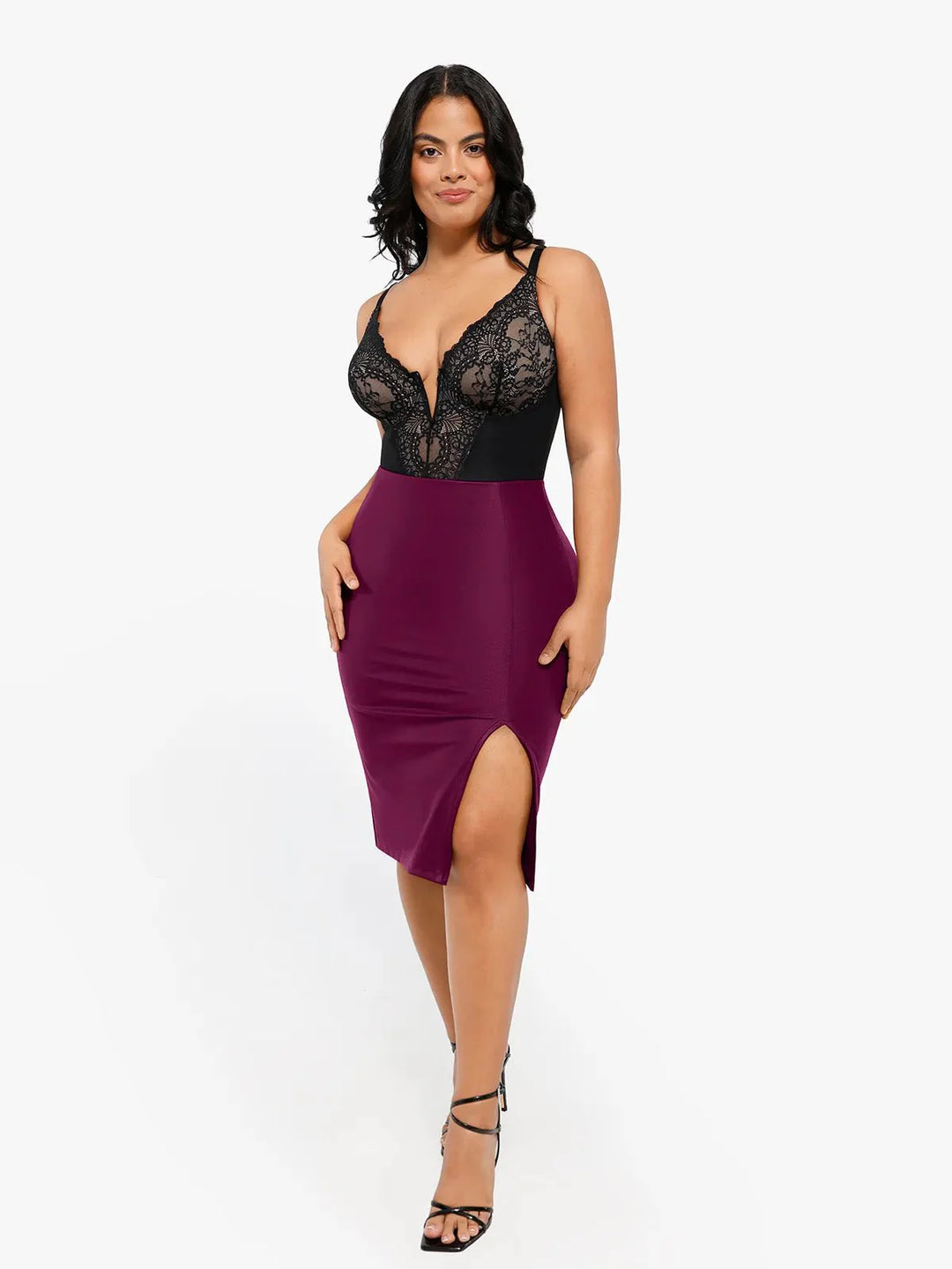 Shapewear sculpting faux leather front slit midi skirt