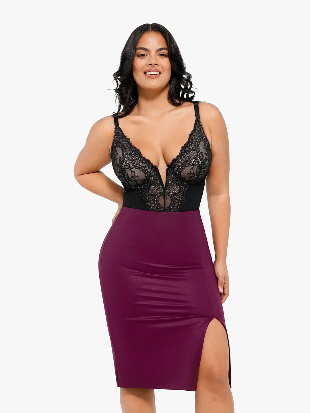 Shapewear sculpting faux leather front slit midi skirt
