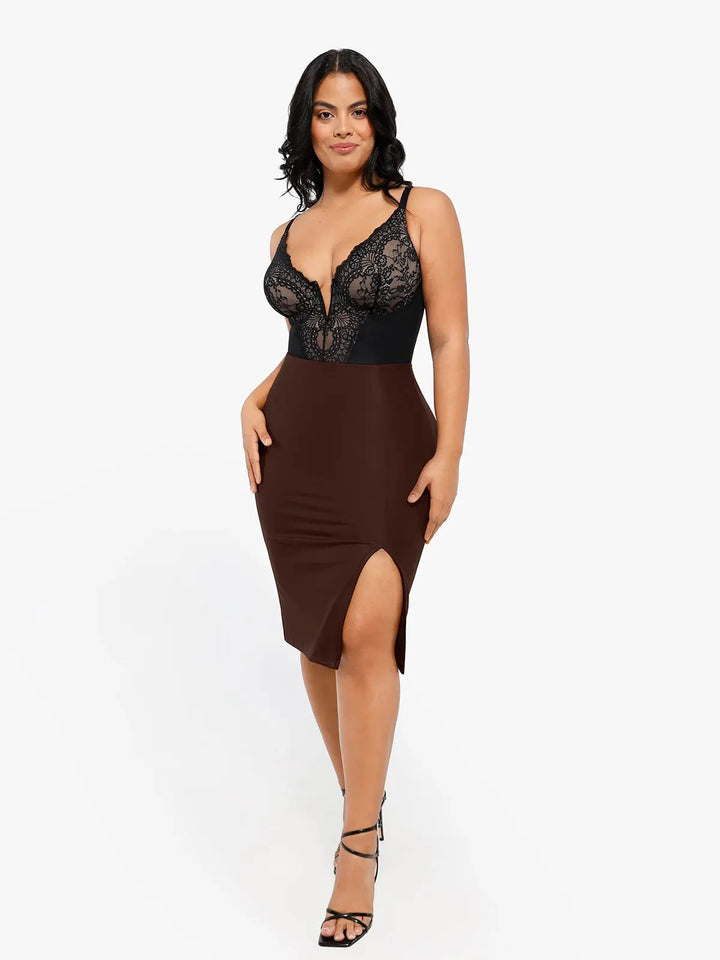 Shapewear sculpting faux leather front slit midi skirt