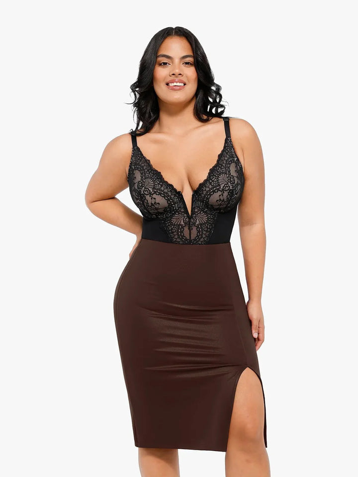 Shapewear sculpting faux leather front slit midi skirt