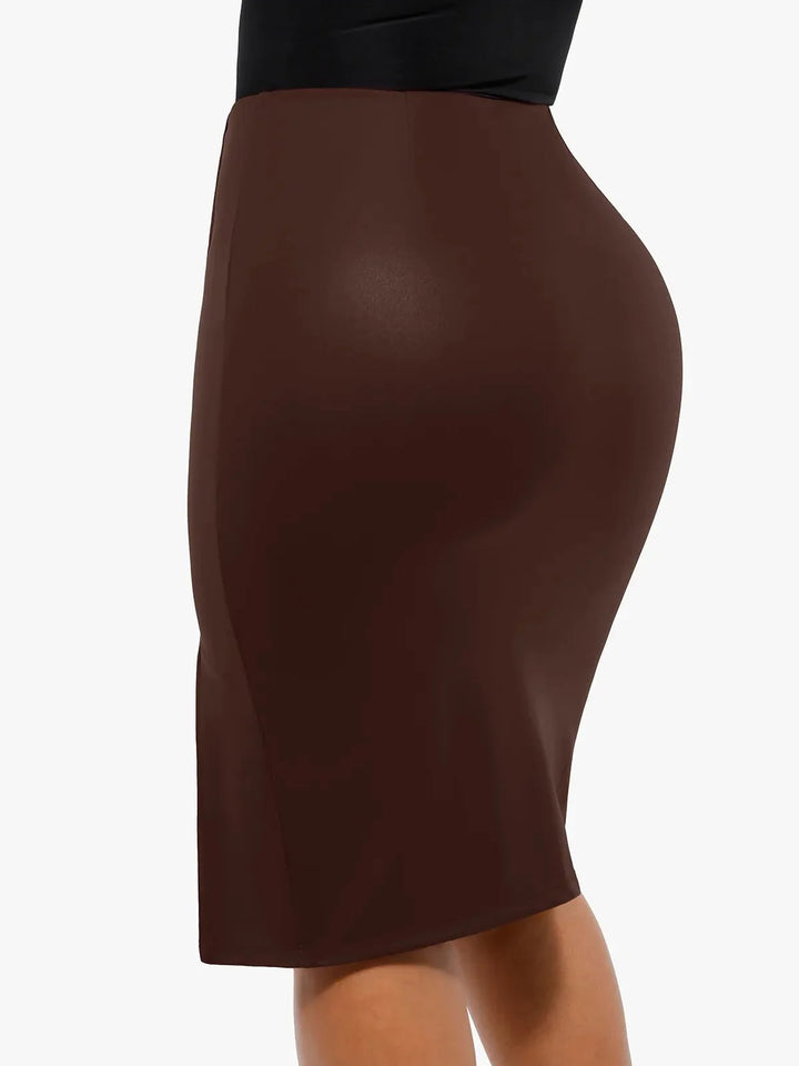 Shapewear sculpting faux leather front slit midi skirt