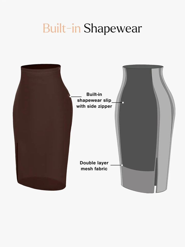 Shapewear sculpting faux leather front slit midi skirt